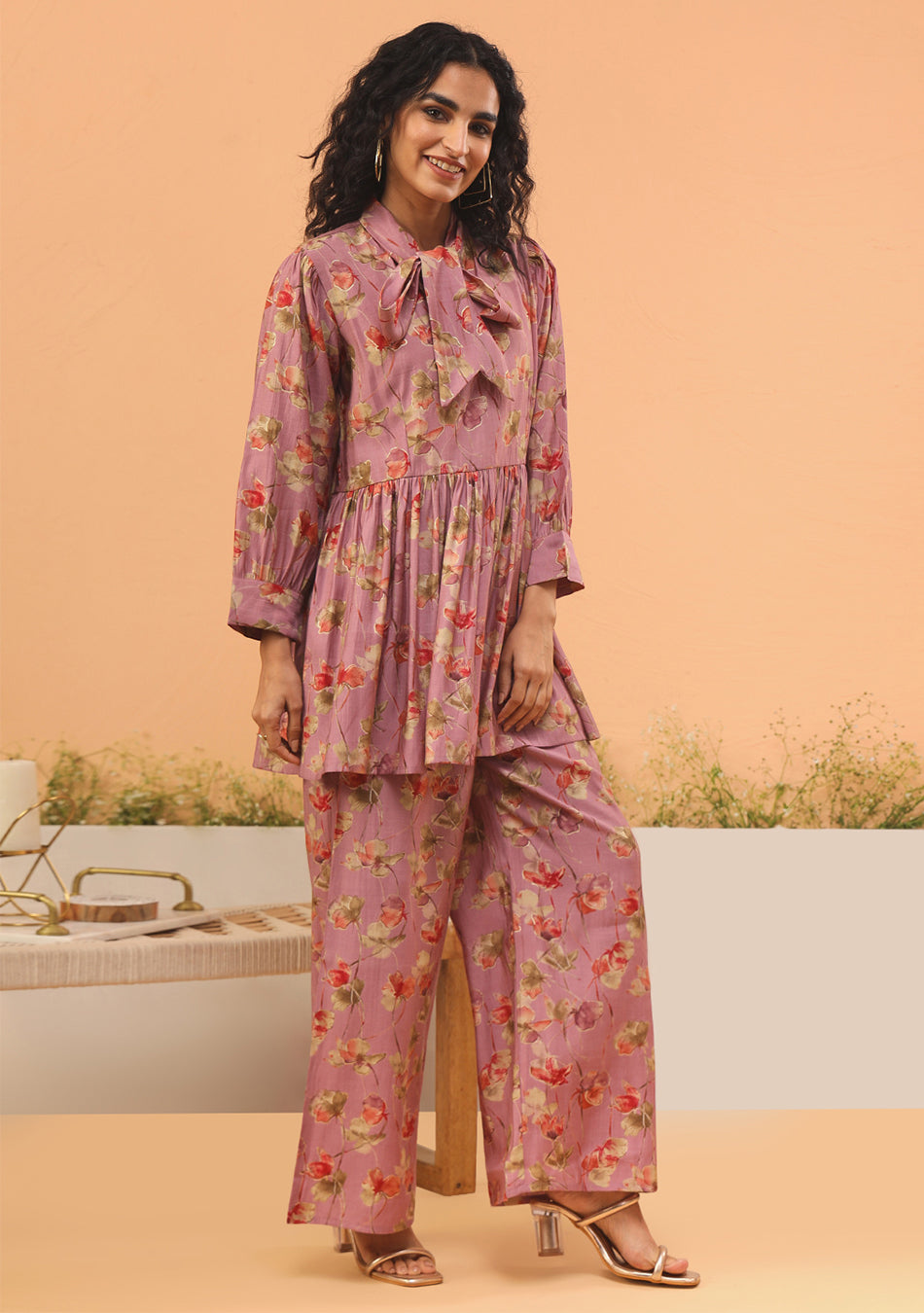 Ammanya Pink Floral Print Muslin Peplum Top With Bell-Bottom