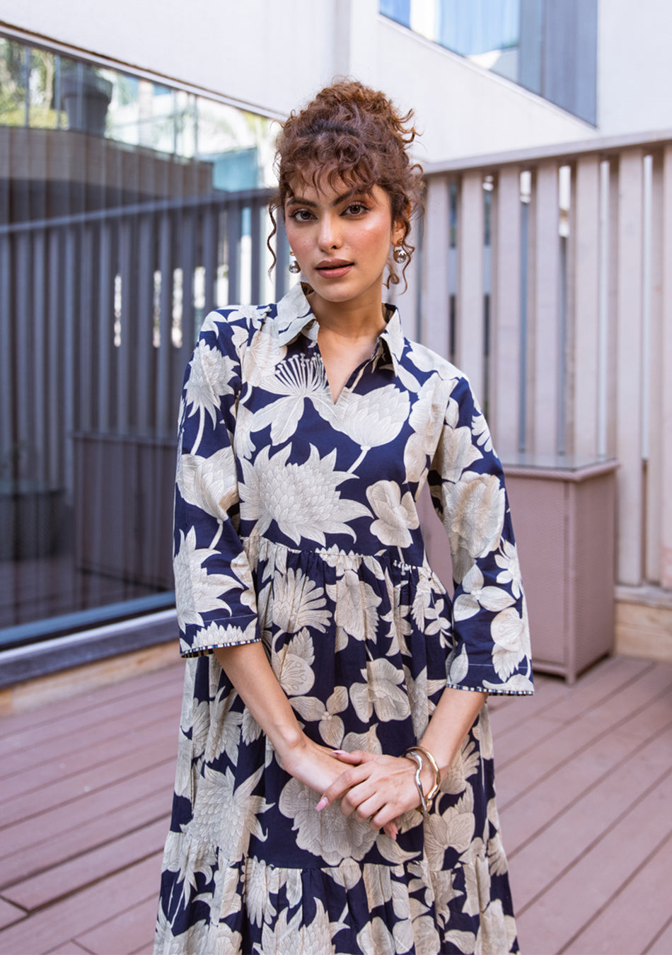 Ammanya Navy Botanical Tiered Dress