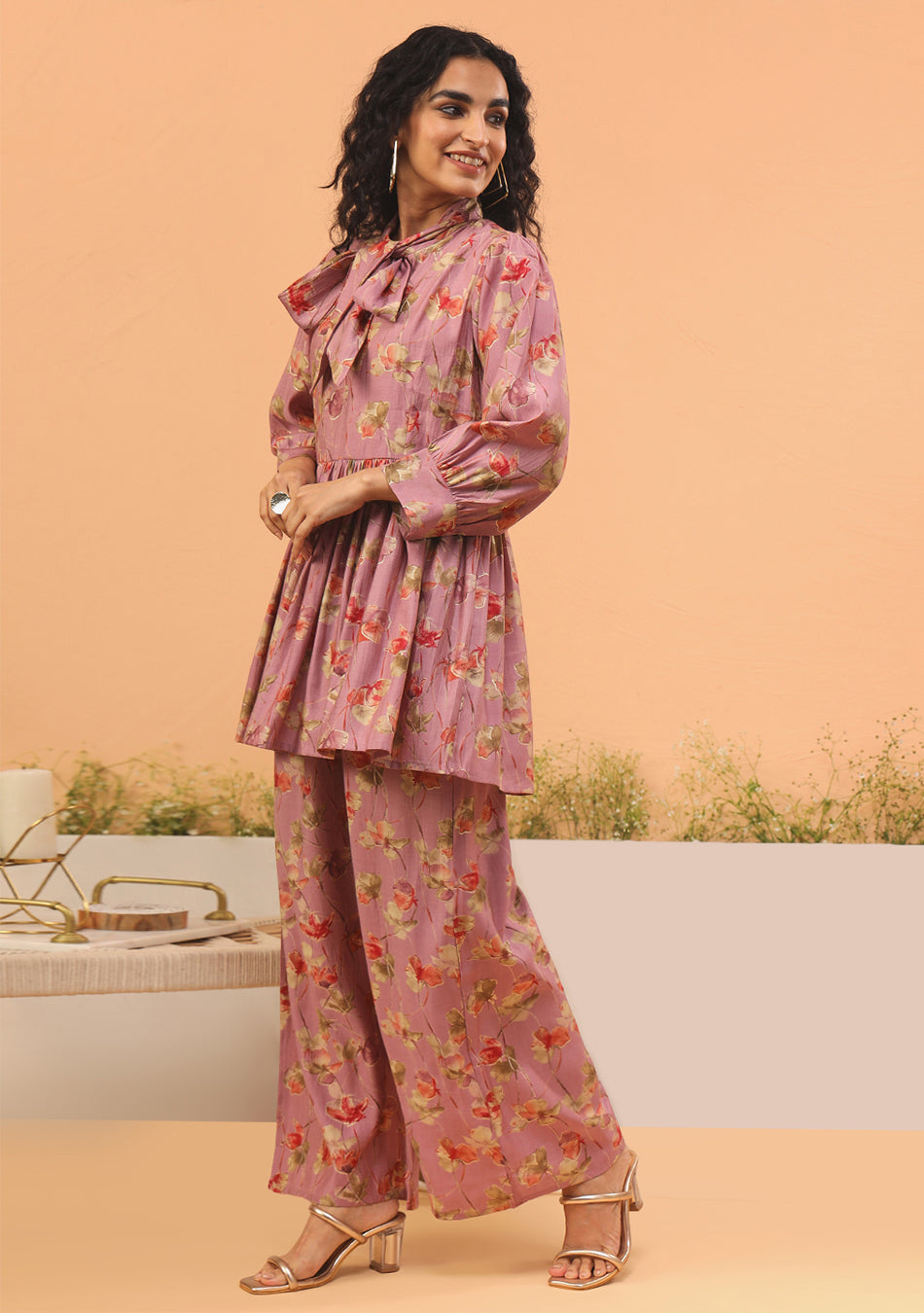 Ammanya Pink Floral Print Muslin Peplum Top With Bell-Bottom