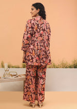 Maroon Floral Print Muslin Peplum Top With Bell-Bottom