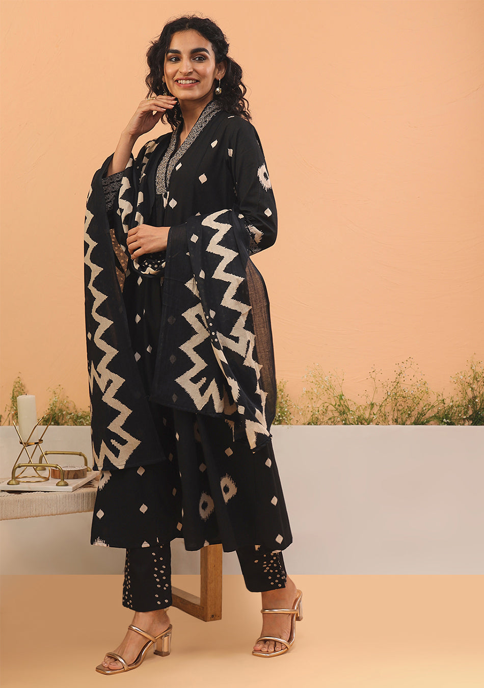 Black Ikkat Kurta Pant Set With Dupatta