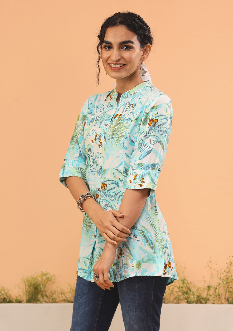 Aqua Green Tropical Print Top