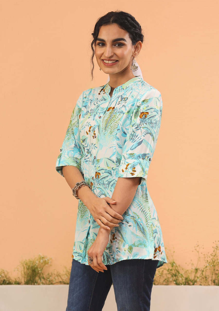 Aqua Green Tropical Print Top