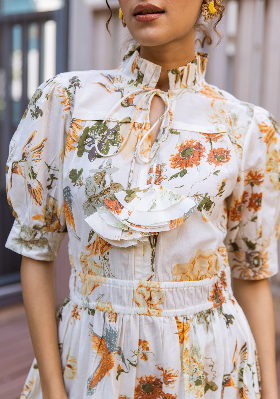 Ammanya Ivory Botanical Ruffle Midi Dress