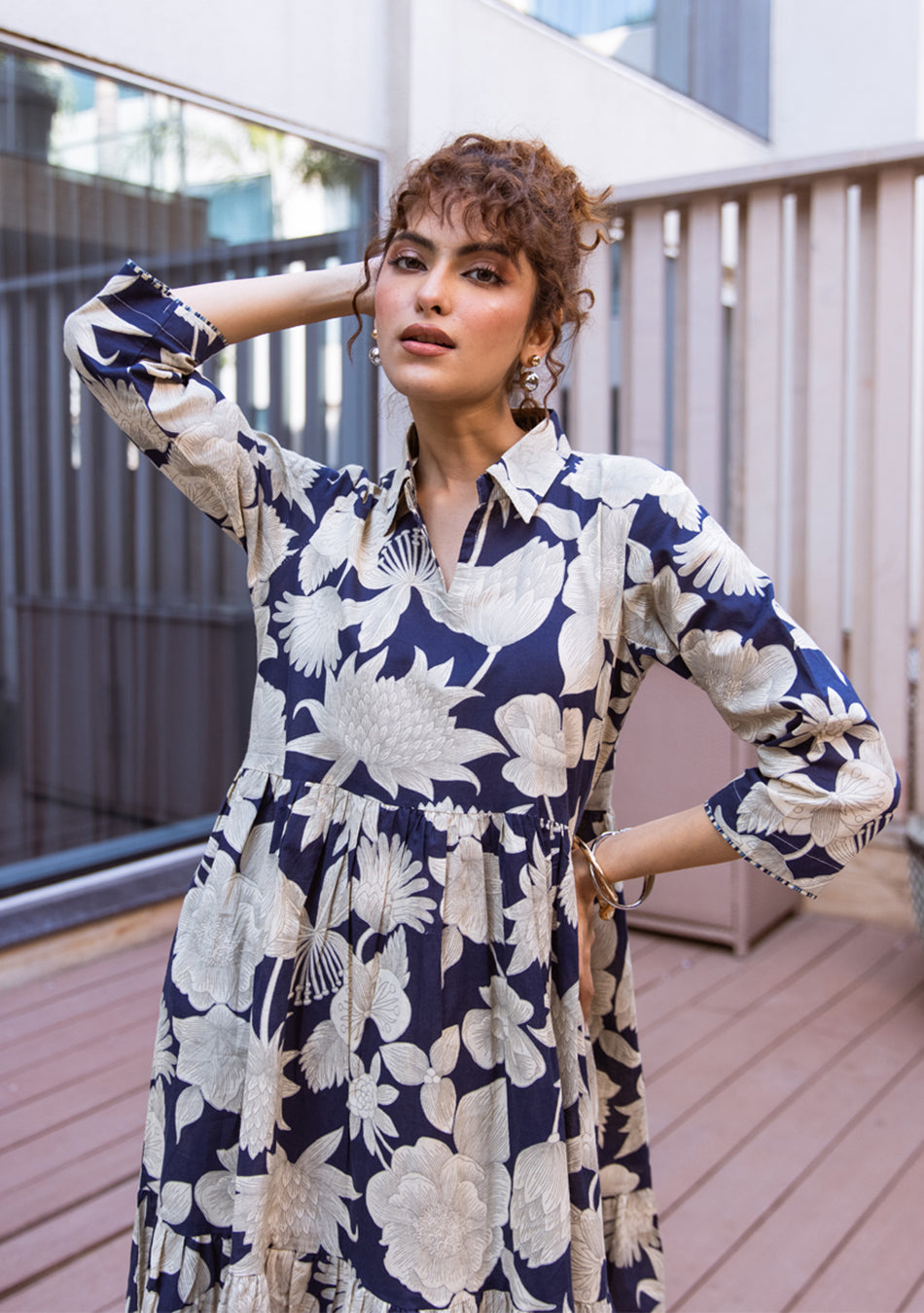 Ammanya Navy Botanical Tiered Dress