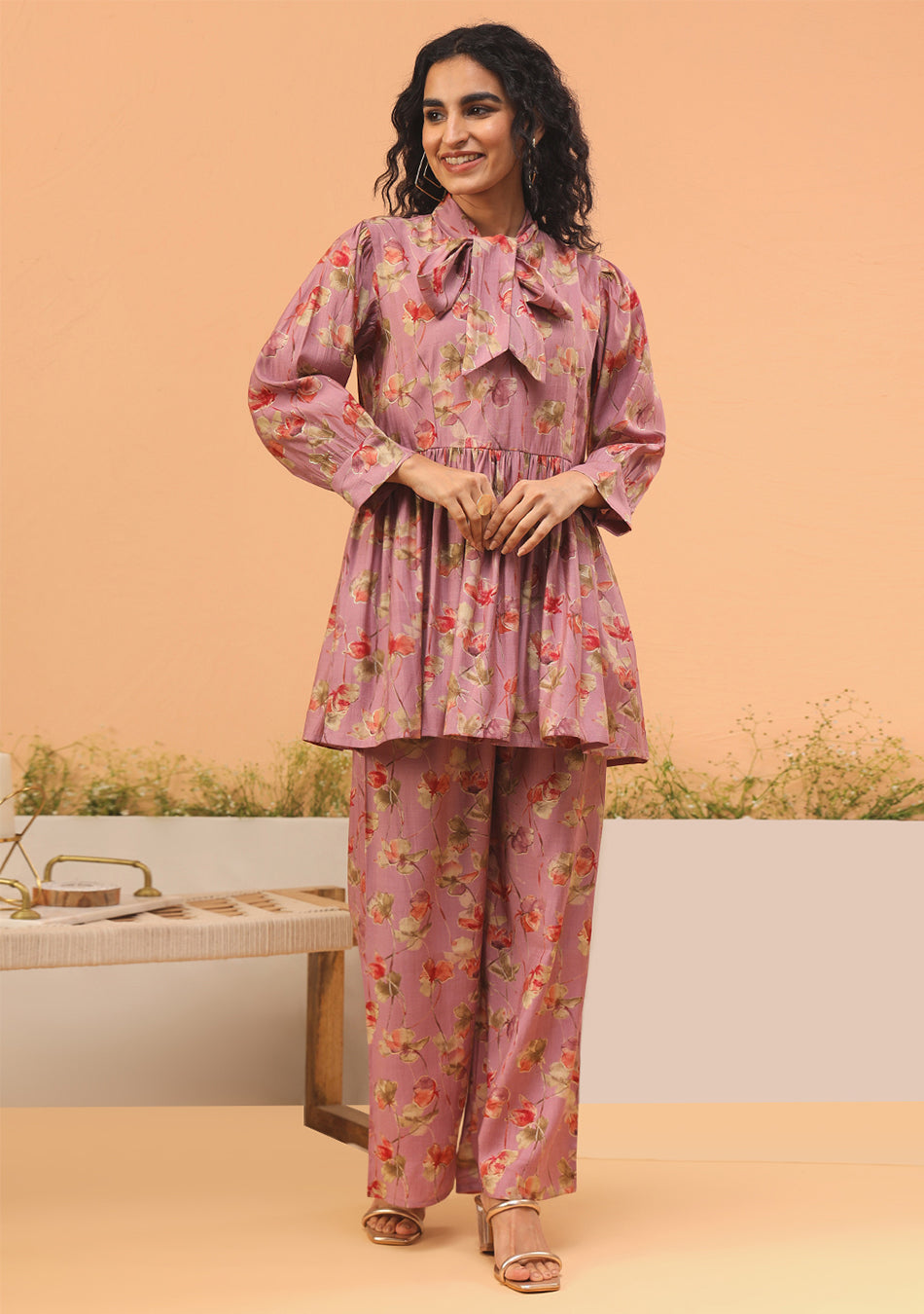 Ammanya Pink Floral Print Muslin Peplum Top With Bell-Bottom