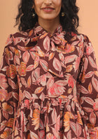 Maroon Floral Print Muslin Peplum Top With Bell-Bottom
