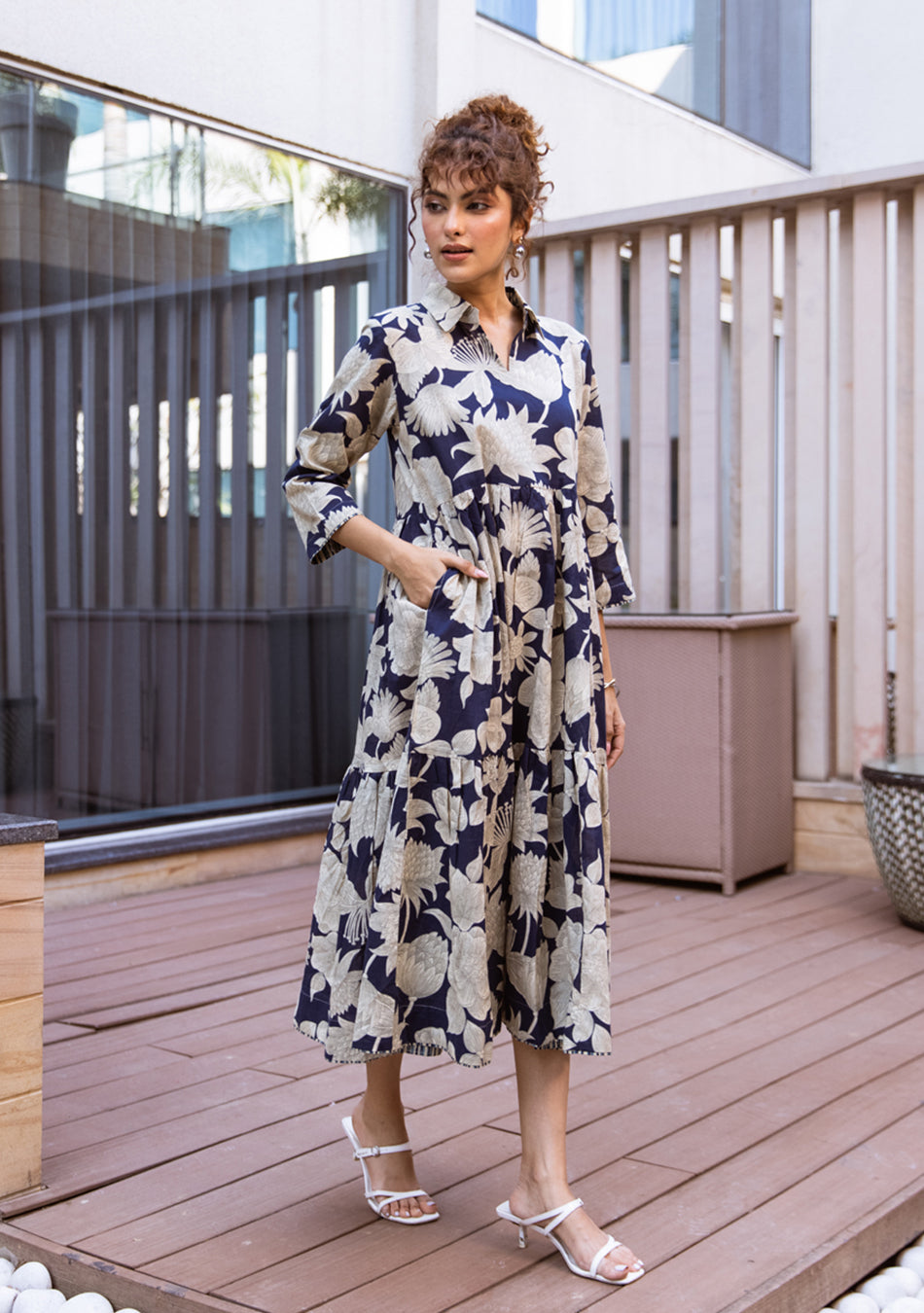 Ammanya Navy Botanical Tiered Dress