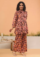 Maroon Floral Print Muslin Peplum Top With Bell-Bottom