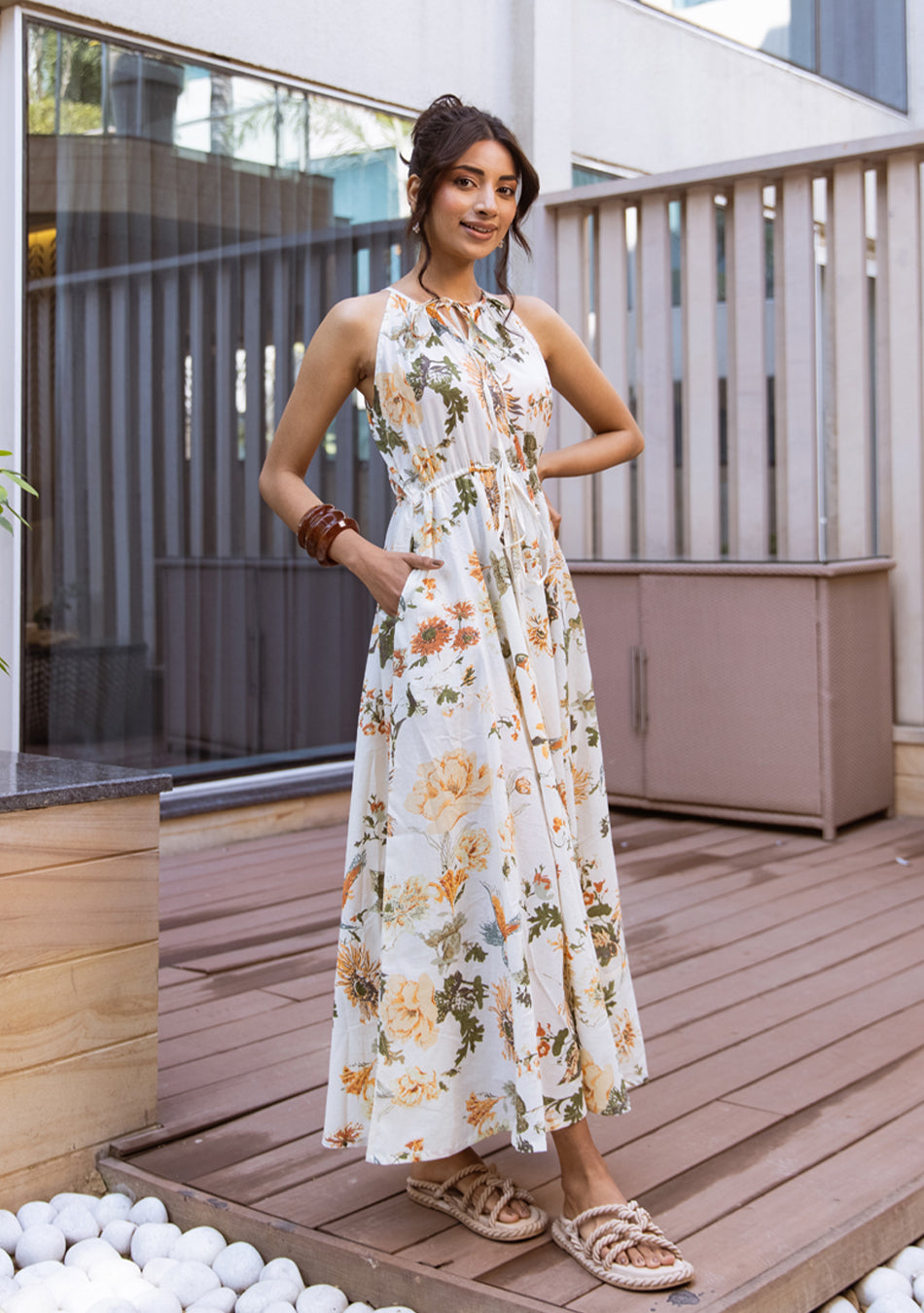Ammanya IVORY BOTANICAL HALTER MAXI DRESS