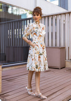 Ivory Botanical Ruffle Midi Dress