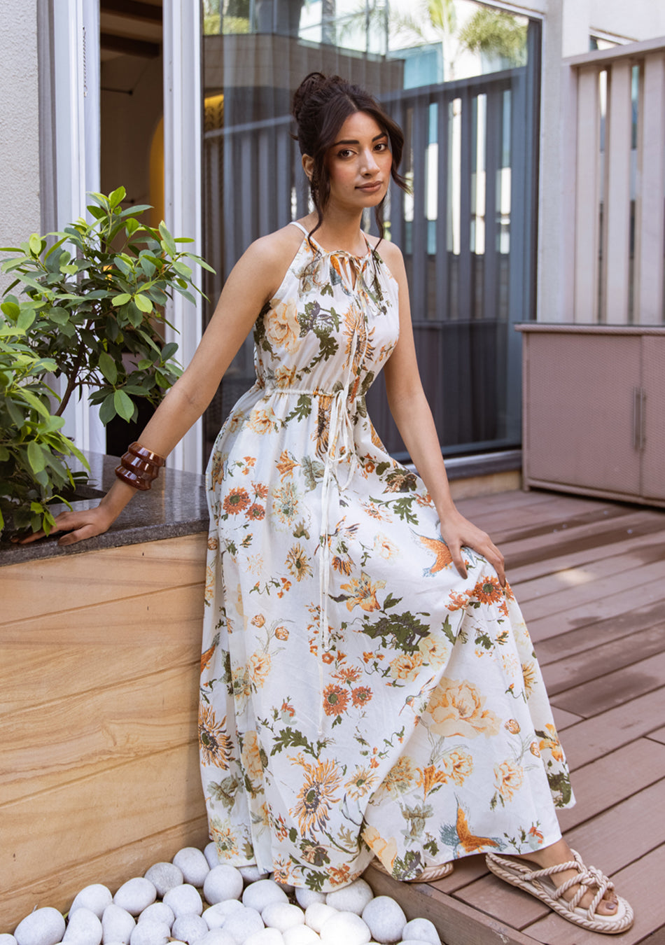 Ammanya IVORY BOTANICAL HALTER MAXI DRESS