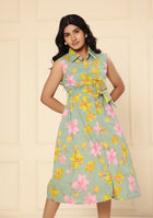 Sage Green Floral Print A-Line Midi Dress