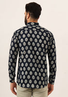 Navy Blue Printed Pure Cotton Regular Fit Casual Shirt
