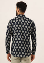 Navy Blue Printed Pure Cotton Regular Fit Casual Shirt