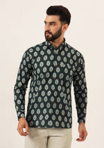 Dark Green Printed Pure Cotton Regular Fit Casual Shirt