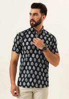 Navy Blue Floral Print Pure Cotton Regular Fit Casual Shirt