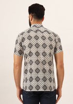 White Geometric Pure Cotton Regular Fit Casual Shirt