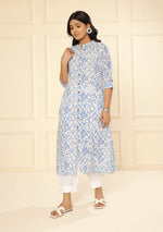 Hand block White Blue Floral Print Kurta