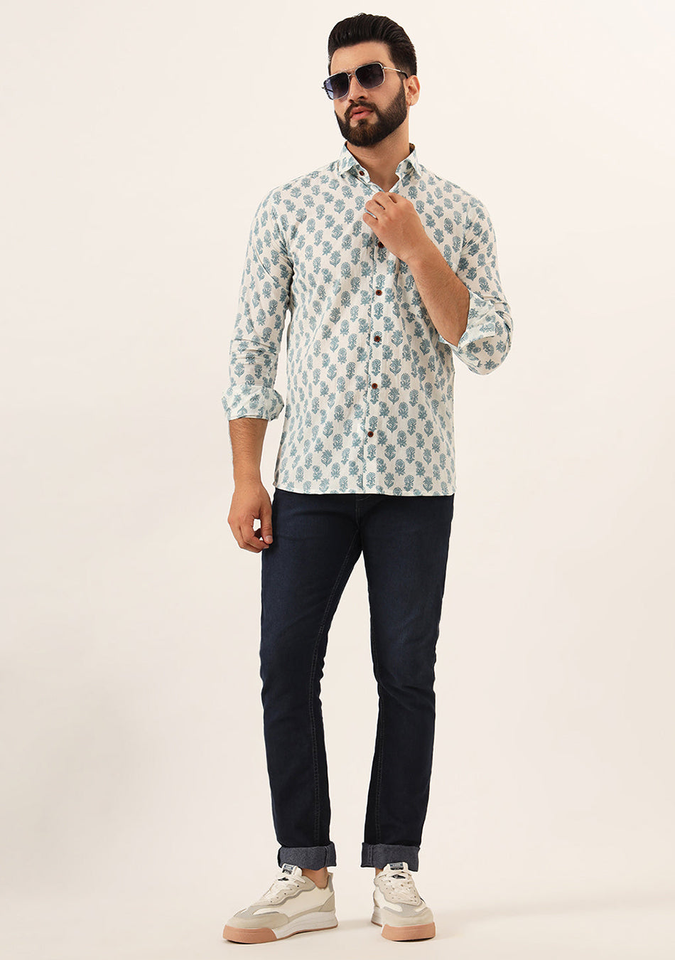 White Floral Print Pure Cotton Regular Fit Casual Shirt