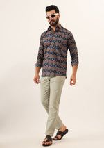 Blue Printed Pure Cotton Regular Fit Casual Shirt