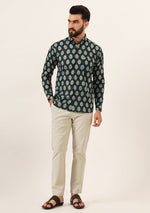 Dark Green Printed Pure Cotton Regular Fit Casual Shirt