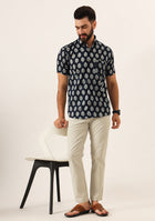 Navy Blue Floral Print Pure Cotton Regular Fit Casual Shirt