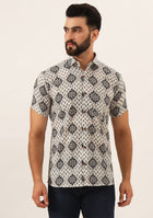 White Geometric Pure Cotton Regular Fit Casual Shirt