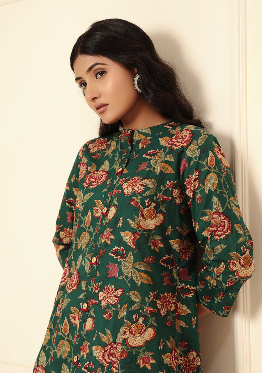 Emerald Bloom Floral Print A-Line Kurta