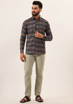 Blue Printed Pure Cotton Regular Fit Casual Shirt