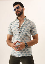 Sky Blue Geometric Pure Cotton Regular Fit Casual Shirt for Men