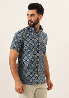 Blue Geometric Pure Cotton Regular Fit Casual Shirt