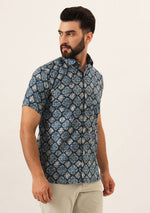 Blue Geometric Pure Cotton Regular Fit Casual Shirt