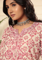 ARAVALII White AND RED FLORAL PRINT KURTA PANT SET WITH DUPATTA