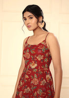 Crimson Red Shoulder Straps Floral Dress