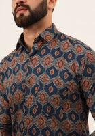 Blue Printed Pure Cotton Regular Fit Casual Shirt