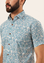 Sky Blue Floral Print Pure Cotton Regular Fit Casual Shirt