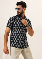 Navy Blue Floral Print Pure Cotton Regular Fit Casual Shirt