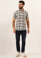 White Geometric Pure Cotton Regular Fit Casual Shirt