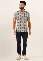 White Geometric Pure Cotton Regular Fit Casual Shirt