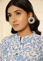 Hand block White Blue Floral Print Kurta