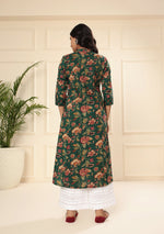 Emerald Bloom Floral Print A-Line Kurta