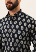 Navy Blue Printed Pure Cotton Regular Fit Casual Shirt