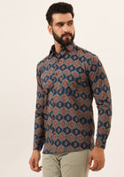 Blue Printed Pure Cotton Regular Fit Casual Shirt