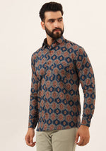 Blue Printed Pure Cotton Regular Fit Casual Shirt