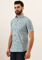 Sky Blue Floral Print Pure Cotton Regular Fit Casual Shirt