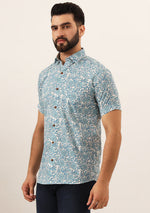 Sky Blue Floral Print Pure Cotton Regular Fit Casual Shirt