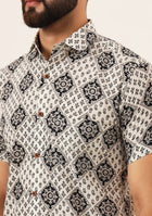 White Geometric Pure Cotton Regular Fit Casual Shirt