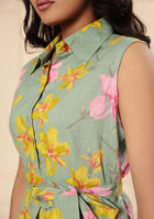 Sage Green Floral Print A-Line Midi Dress