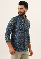 Blue Floral Print Pure Cotton Regular Fit Casual Shirt
